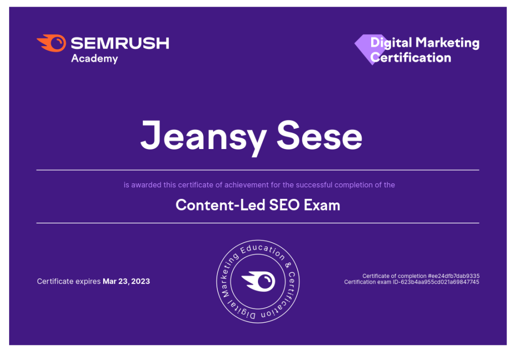 SEOSESE Semrush certification