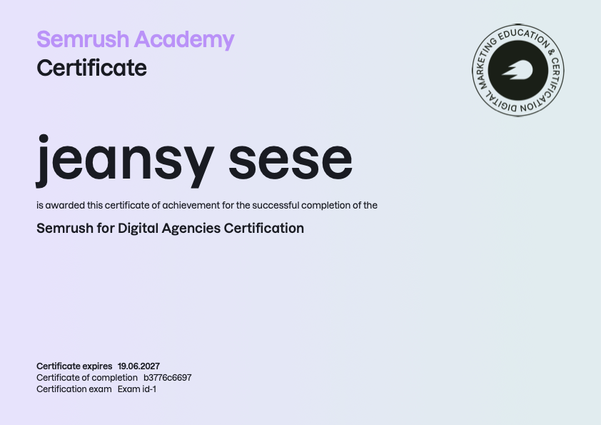 Jeansy Sese, Semrush for Digital Agencies certification